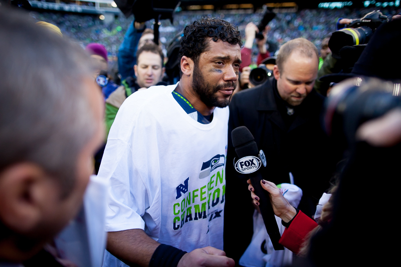 A teary-eyed Russell Wilson speaks in a post-game interview.