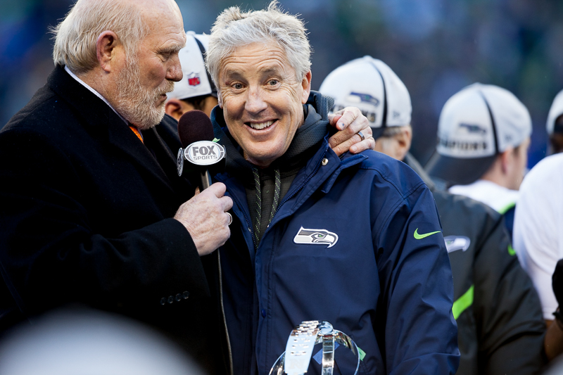 Seahawks' head coach Pete Carroll is all smiles after clinching the NFC and another Super Bowl berth.