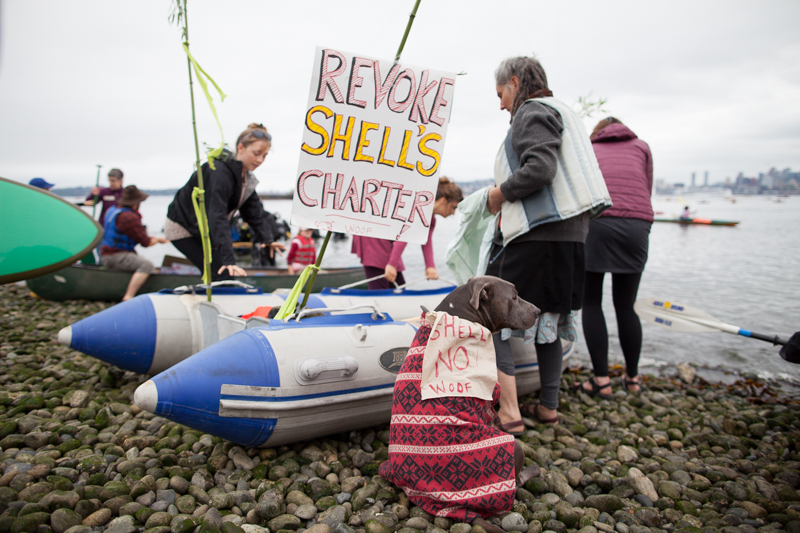 A group of protestors prepares to put into Elliot Bay.