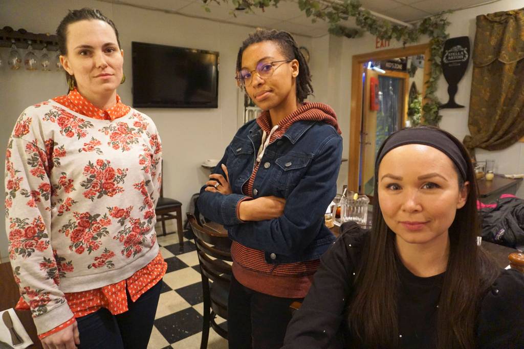 Andrea Bernard, Allycea Weil, and Phoenix Johnson (left to right) are Licton Springs K-8 parents who want their kids to stay in the Native-centered program. Photo by Melissa Hellmann