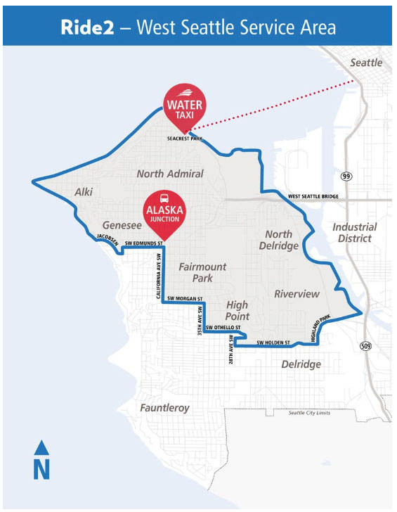 The Ride2 transit app will offer on-demand rides to and from West Seattle starting on Dec. 17. Courtesy of King County Metro.