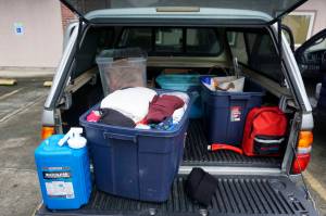 VashonBePrepared President Vicky de Monterey Richoux keeps several bins with supplies in the back of her car. Photo by Melissa Hellmann