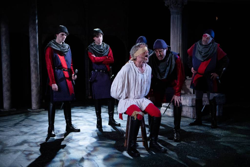 The interrogation of Parolles serves as one of the comedic highlights in Alls Well That Ends Well. Photo by John Ulman