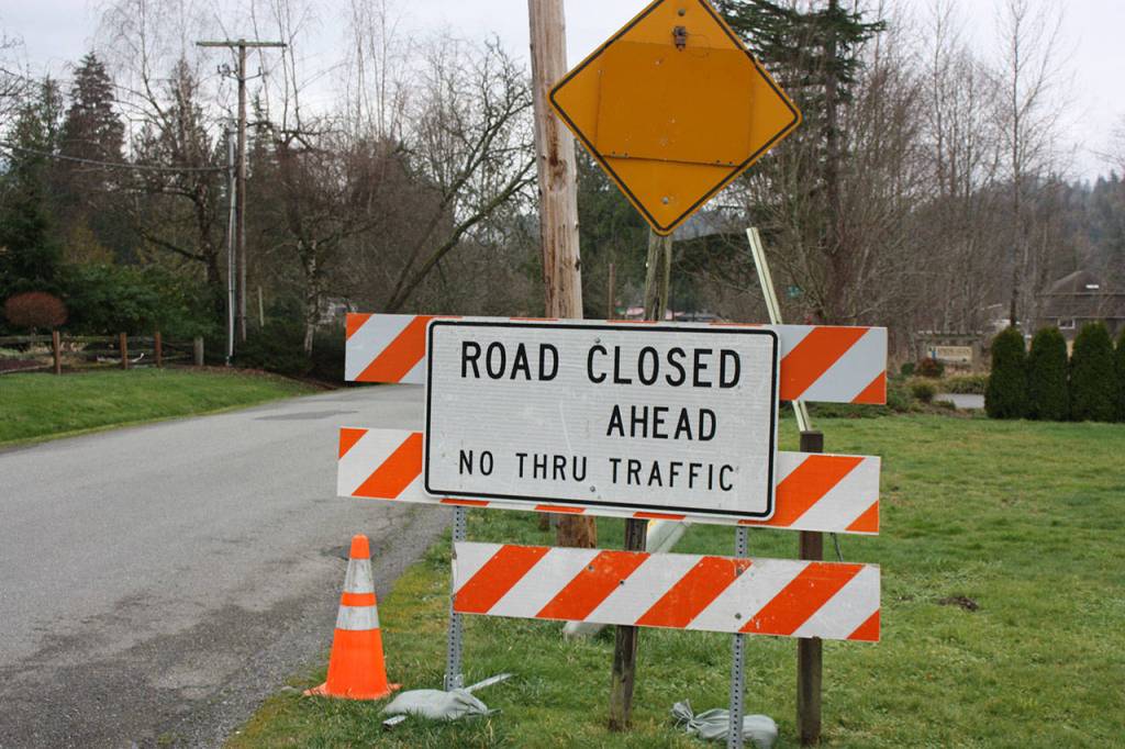 A Road Closed sign along SE Fish Hatchery Road near Fall City. Aaron Kunkler/staff photo