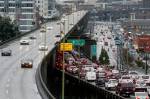 Andy Bronson / The Herald                                 Southbound traffic backs up as northbound drivers cruise on with ease on the Highway 99 viaduct on Tuesday, January 8.