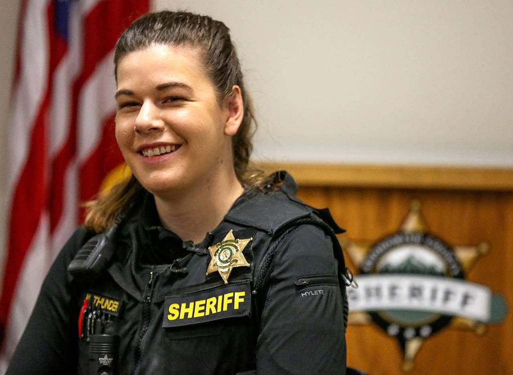 Molly Thunder, Snohomish County Sheriffs deputy, has aplastic anemia and needs a bone marrow transplant. Thunder is currently on light duty and has to monitor the people she comes into contact with due to her reduced immune system. (Kevin Clark / The Herald)