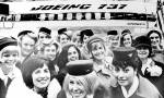 associated press file                                Stewardesses from the 15 airlines with orders for Boeing 737 jets pose in front of the first aircraft in a hanger in Seattle on Jan. 18, 1967. At the christening ceremony Boeing announced sales to two other airlines and 17 flight attendants all smashed bottles of champagne over the wing of the new aircraft.