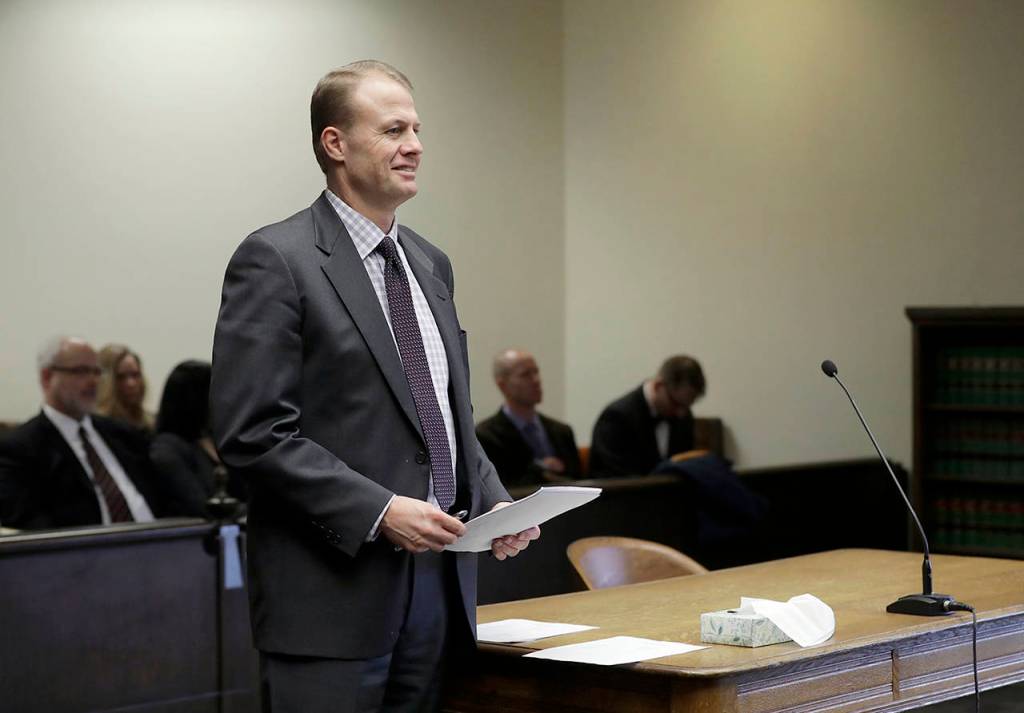 Initiative activist Tim Eyman appears in Thurston County Superior Court on Feb. 22 in Olympia. (AP Photo/Ted S. Warren, file)