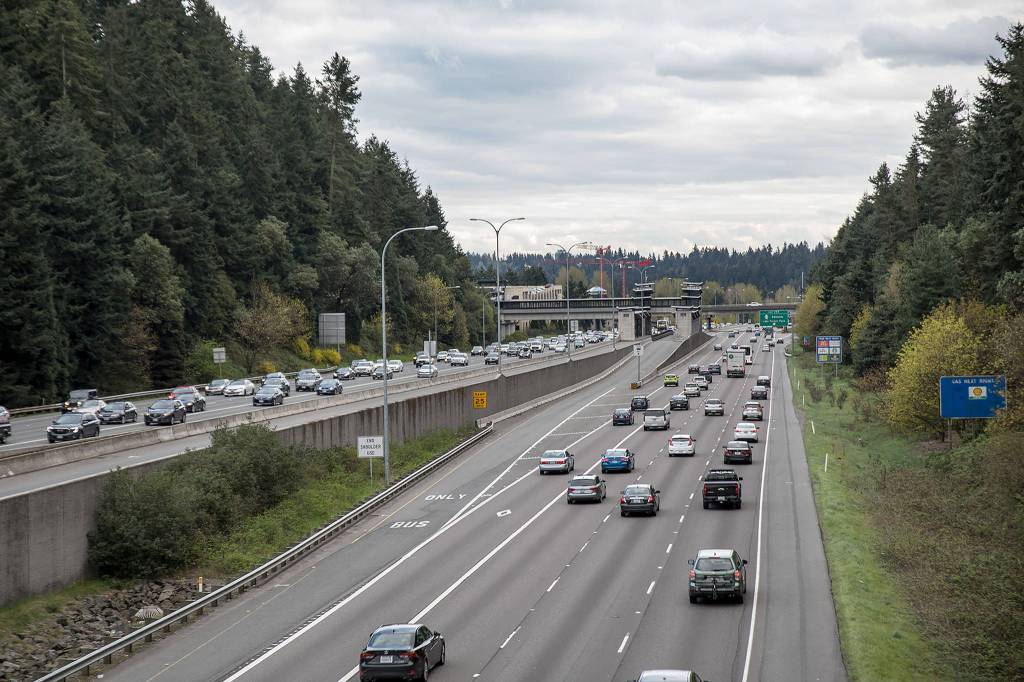 Heading north after leaving the Mountlake Terrace Transit Center, the light rail track will cross to the west side of I-5. Trees on both sides of the highway here will be heavily impacted by the buildout. (Lizz Giordano / The Herald)