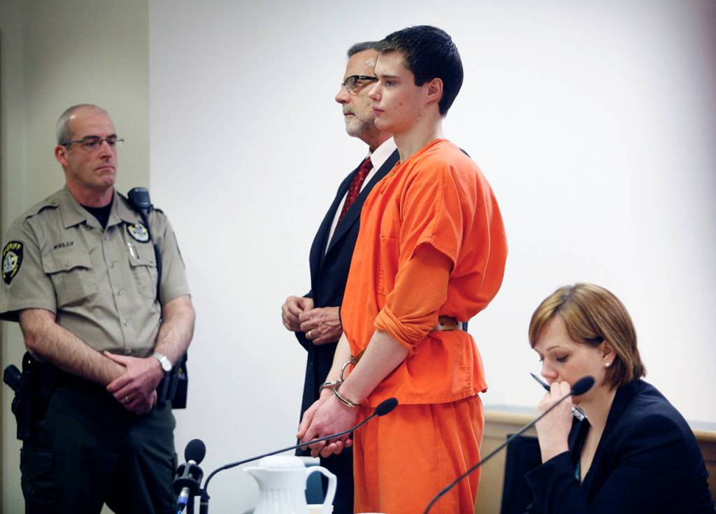 Colton Harris-Moore enters Island County Superior Court to enter a guilty plea to 15 charges and an Alford Plea to one firearms charge in Coupeville on Dec. 16, 2011. (Mark Mulligan / Herald file)