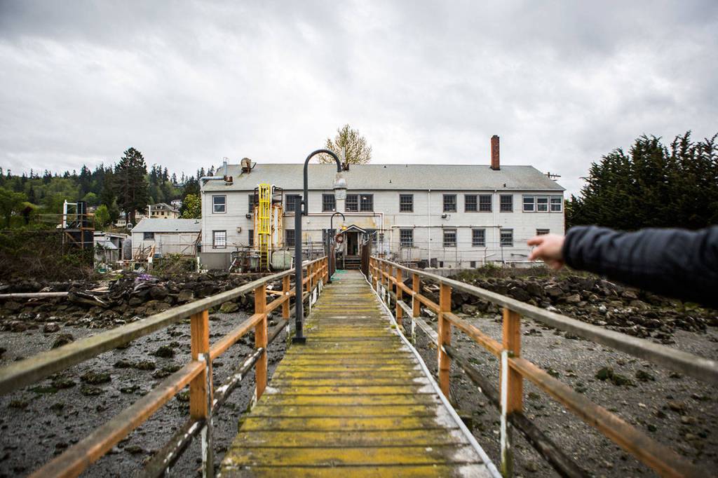Paul McElhany points out how the new building will be different from the old Air Force structure housing Mukilteo Research Station. (Olivia Vanni / The Herald)