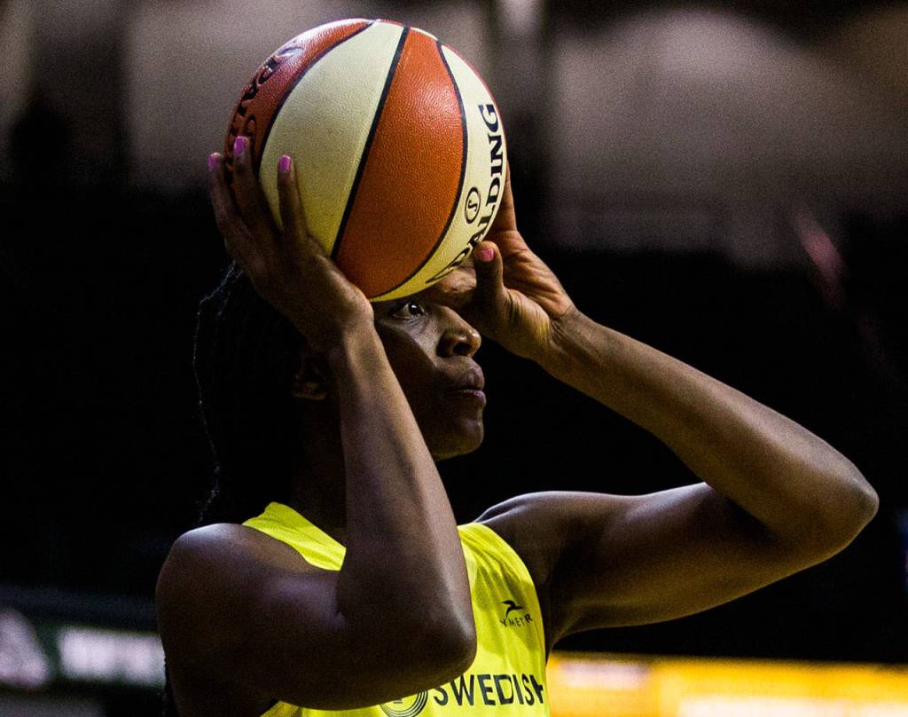 Seattles Crystal Langhorne pauses before taking a 3-pointer shot during a preseason game against Phoenix on Wednesday at Angel of the Winds Arena in Everett. (Olivia Vanni / The Herald)