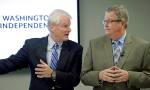 Former Democratic U.S. Rep. Brian Baird (left) and former Republican state Rep. Chris Vance speak at a news conference in 2017 to announce plans to promote centrist-minded politicians in Washington. (AP Photo/Elaine Thompson)