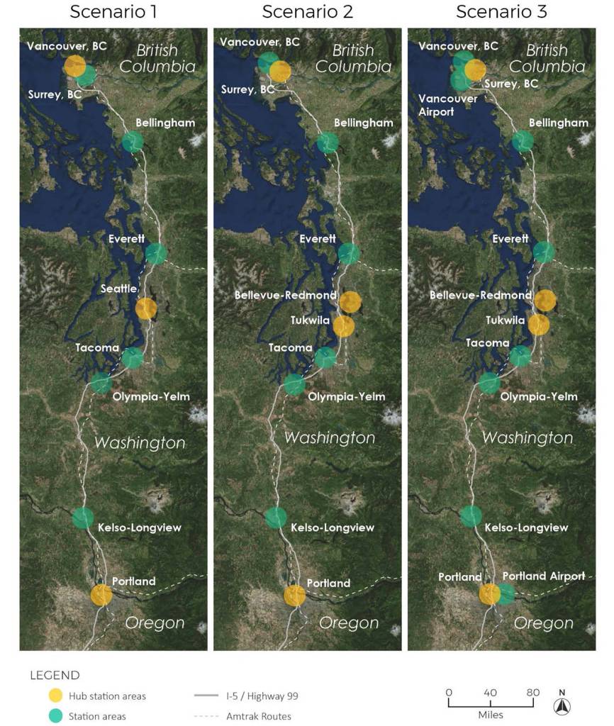 This illustration shows three scenarios developed for the Ultra-High-Speed Ground Transportation study. (Washington State Department of Transportation)
