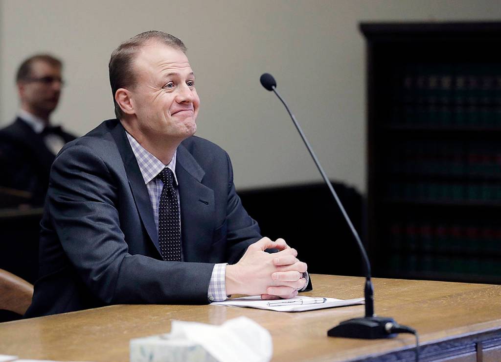 Initiative activist Tim Eyman appears in Thurston County Superior Court, Friday, Feb. 22, 2019, in Olympia. (AP Photo/Ted S. Warren)