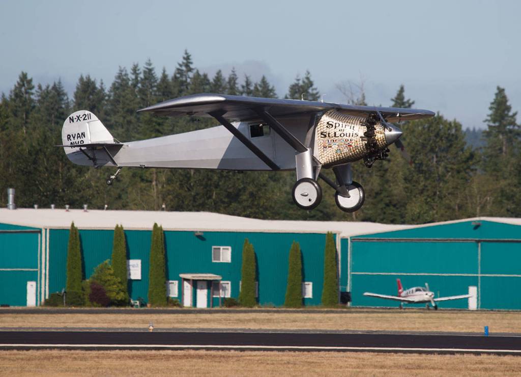 Ron Fowler pilots John Normans replica of the Spirit of St. Louis in for a touch-and-go landing at Arlington Municipal Airport on July 28. (Andy Bronson / The Herald)