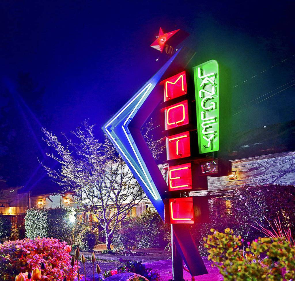 The 9-foot Langley Motel neon sign by Tim Leonard is the citys unofficial welcome sign. The motel owners wanted a retro Vegas-style sign. (Michael Stadler / Stadler Studio Photography)