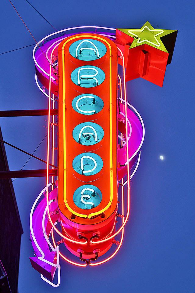 Tim Leonards neon arcade sign at The Machine Shop lights up the corner at the end of Second Street, a few blocks from downtown. (Michael Stadler / Stadler Studio Photography)