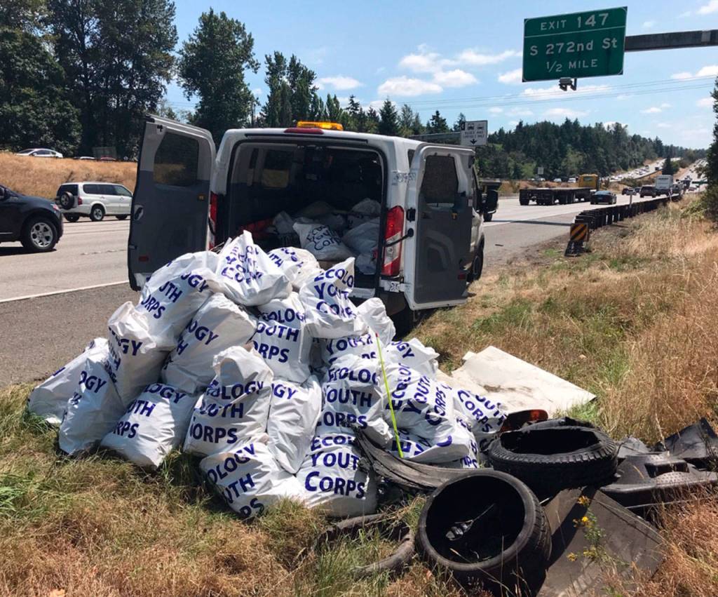 The Department of Ecology Youth Corps clean up trash littered along major Washington highways and freeways during a summer job opportunity program. Photo courtesy of Steven Williams