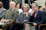 Former Washington Govs. (from left) Dan Evans, Chris Gregoire and Gary Locke sit together before testifying during a hearing on Initiative 1000 before a joint Washington state House and Senate committee last April in Olympia. (AP Photo/Ted S. Warren, file)