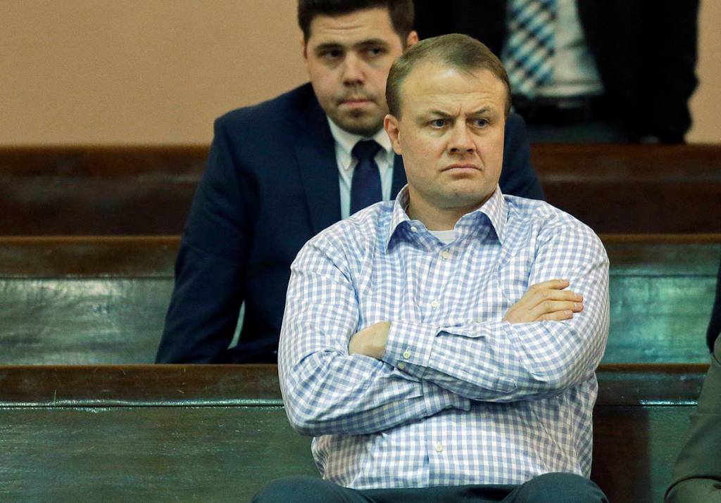 Anti-tax campaigner Tim Eyman sits in the Senate gallery in 2017, in Olympia. (AP Photo/Ted S. Warren)