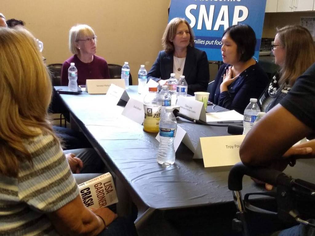 U.S. Sen. Patty Murray and Rep. Kim Schrier held a roundtable at the Issaquah Food and Clothing Bank on Oct. 3 to talk about the Trump administrations plan to further change SNAP food benefits rules and reduce the number of people using them. Aaron Kunkler/staff photo