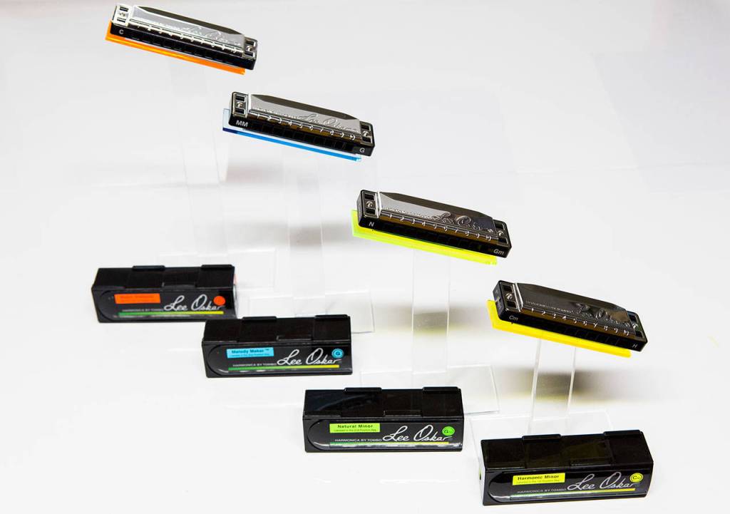 A display of Lee Oskar Harmonicas available for purchase online and at music stores for about $45 (Olivia Vanni / The Herald)