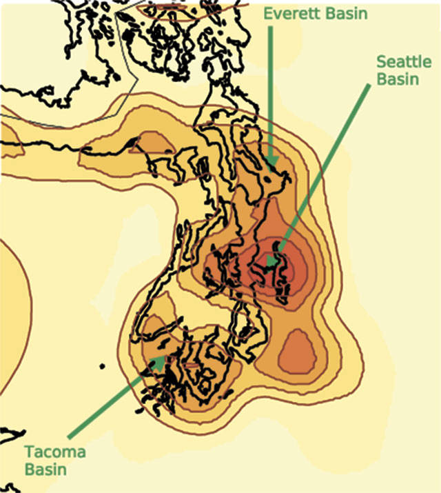 Seattle, Tacoma, Everett and Mukilteo all lie within some of Puget Sounds largest basins. These areas magnify how much the ground shakes in an earthquake. (Erin Wirth)