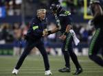 Seattle Seahawks head coach Pete Carroll celebrates after a touchdown. However the Seahawks lost to the San Francisco 49ers 26-21 at CenturyLink Field on Sunday, Dec. 29, 2019 in Seattle, Wash. (Andy Bronson / The Herald)