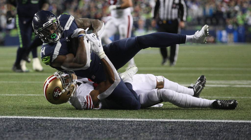 Seattle Seahawks DK Metcalf hauls in a pass just short of the end zone. The Seahawks lost to the San Francisco 49ers 26-21 at CenturyLink Field on Sunday, Dec. 29, 2019 in Seattle, Wash. (Andy Bronson / The Herald)
