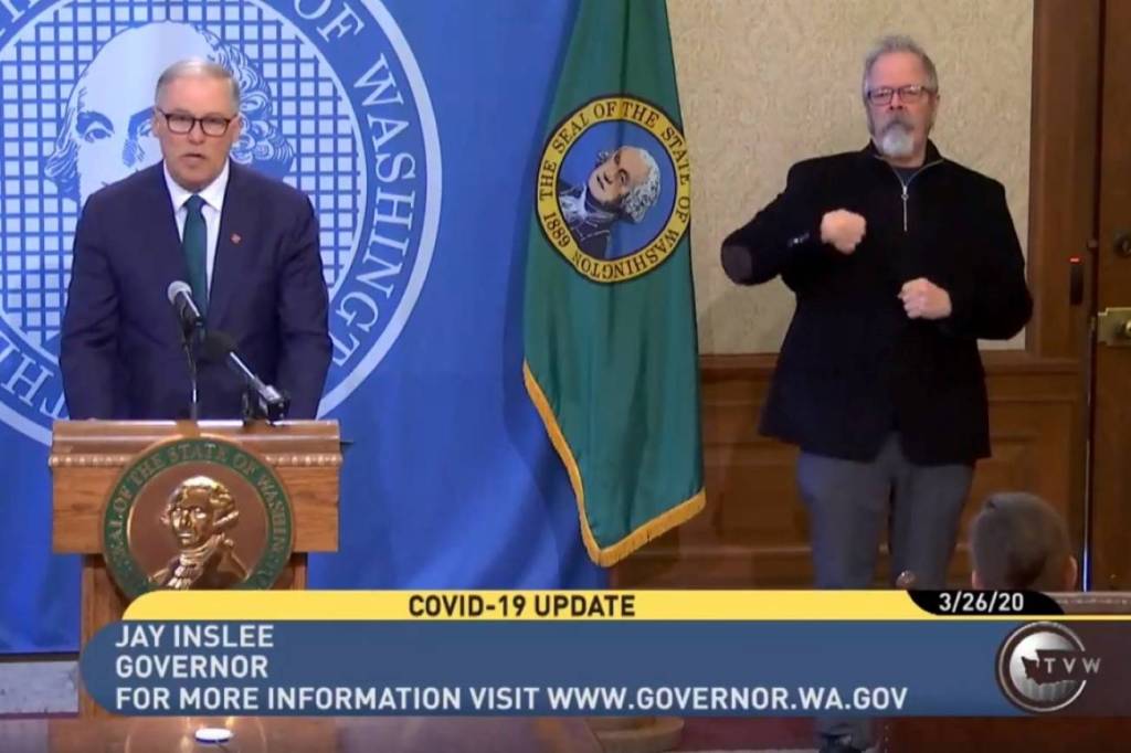 Gov. Jay Inslee discusses the COVID-19 pandemic and the states response during a press conference on Thursday, March 26. Screenshot