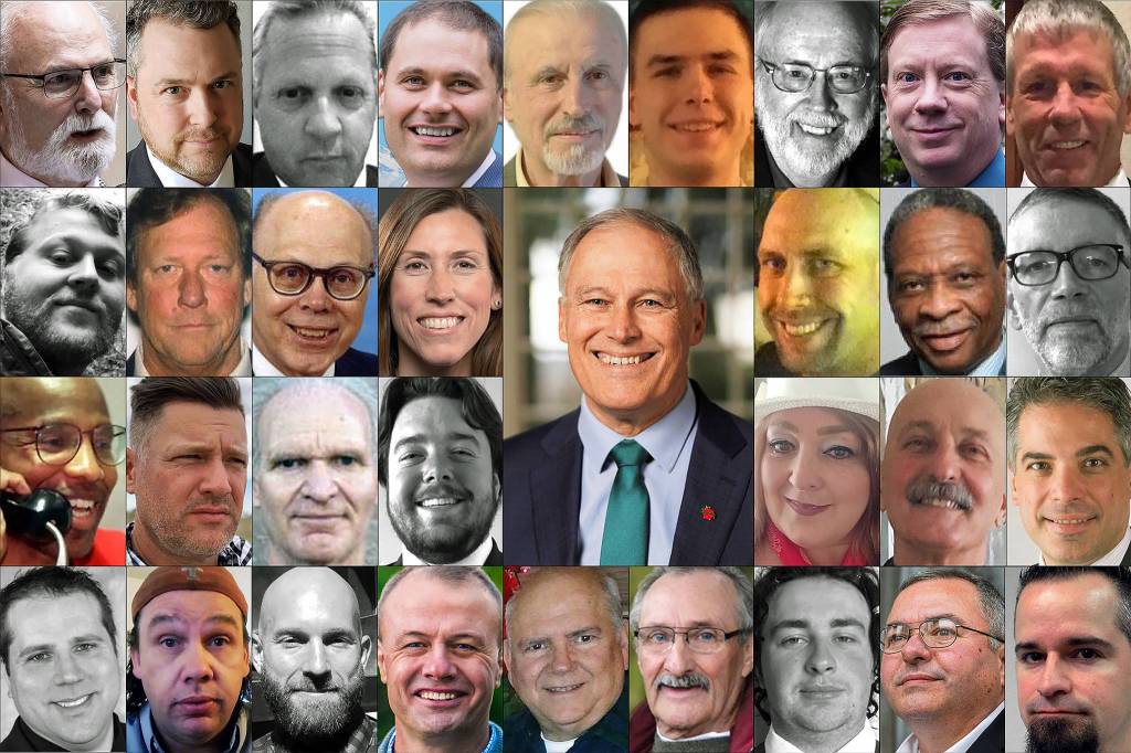 Gov. Jay Inslee (center) is being challenged by 35 people, 32 of whom are pictured here, for his job. Row 1 (L-R): Phil Fortunato, Nate Herzog, William Miller, Anton Sakharov, Alex Tsimerman, Winston Wilkes, Bill Hirt, Cregan Newhouse, Richard Carpenter. Row 2 (L-R): Joshua Wolf, Thor Amundson, Goodspaceguy, Liz Hallock, Jay Inslee, Leon Lawson, Don Rivers, Henry Dennison. Row 3 (L-R): Omari Tahir Garrett, Joshua Free, David Blomstrom, Dylan Nails, Elaina Gonzalez, Cairo DAlmeida, Raul Garcia. Row 4 (L-R): Brian Weed, Cameron Vessey, Matthew Murray, Tim Eyman, Gene Hart, Martin Iceman Wheeler, Ian Gonzalez, Loren Culp. Not pictured: Tylor Grow, Craig Campbell, David Voltz.