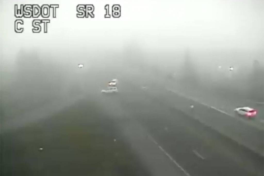 Screenshot of the Oct. 6 scene on Highway 18 in Auburn. Courtesy of @wsdot_traffic