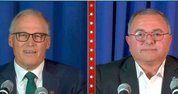 Washington Democratic Gov. Jay Inslee (left) and Republican challenger Loren Culp during Wednesday's debate. (TVW) 20201007