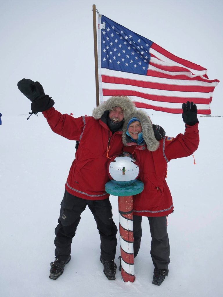 Marty and Chris Fagan at the South Pole in 2014 at the end of their trek across Antarctica. Contributed by Chris Fagan