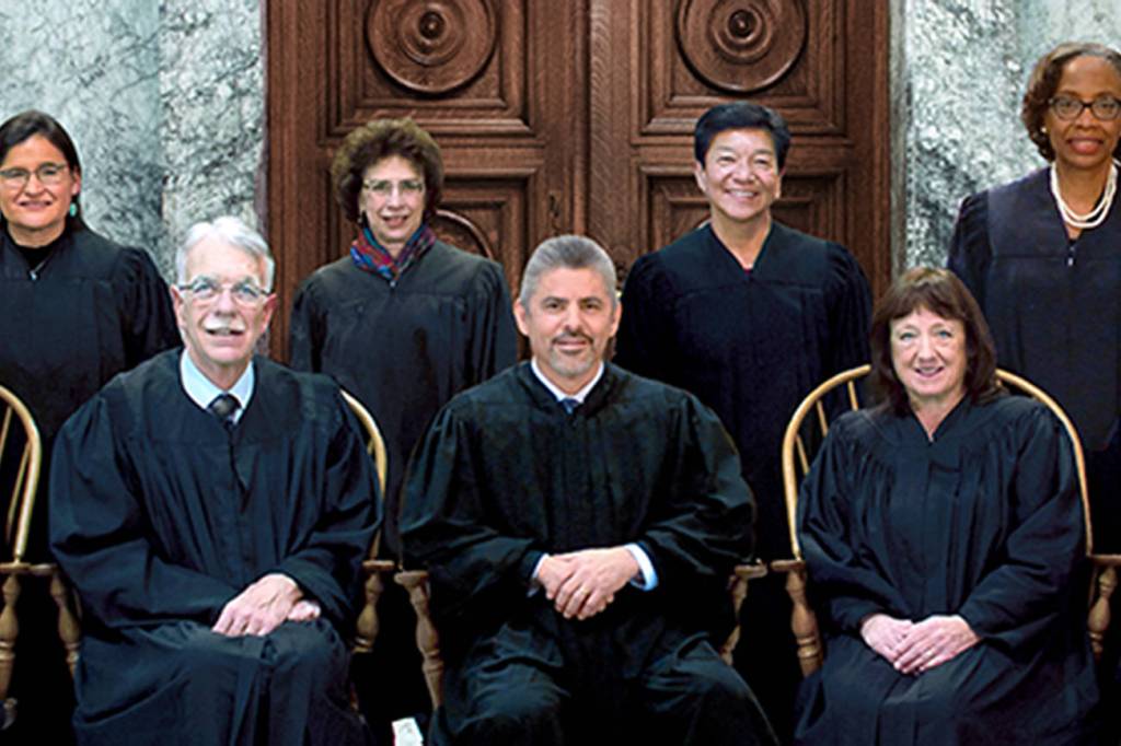 Washington State Supreme Court Justices (back row, L-R) Raquel Montoya-Lewis, Sheryl Gordon McCloud, Mary I. Yu, G. Helen Whitener, (front row, L-R) Susan Owens, Charles W. Johnson, Steven C. Gonzalez, Barbara A. Madsen and Debra L. Stephens.