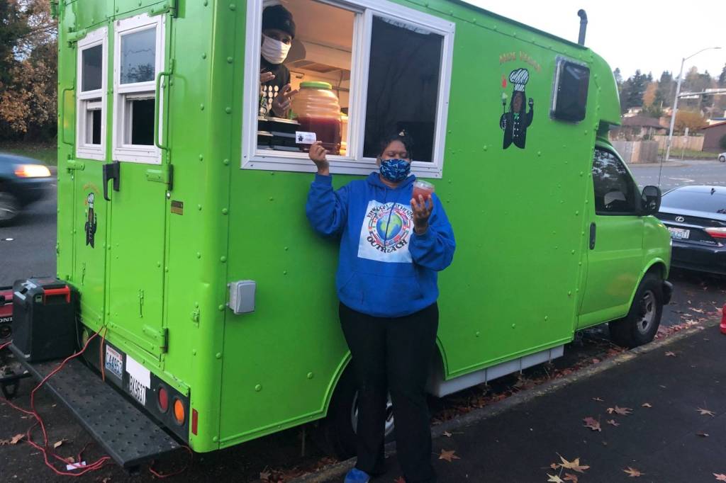 The Moe Vegan food truck serves meals at the city of Kents annual Community Thanksgiving Dinner on Nov. 21, 2020. Sound Publishing file photo