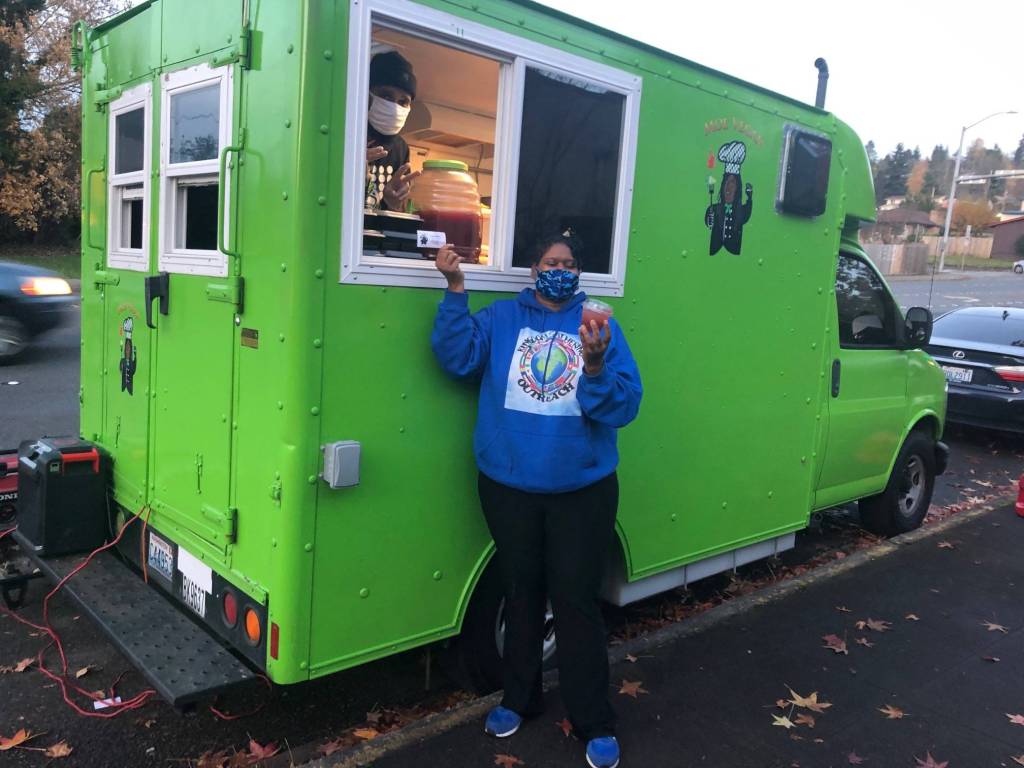 The Moe Vegan food truck serves meals at the city of Kents annual Community Thanksgiving Dinner on Nov. 21, 2020. Sound Publishing file photo