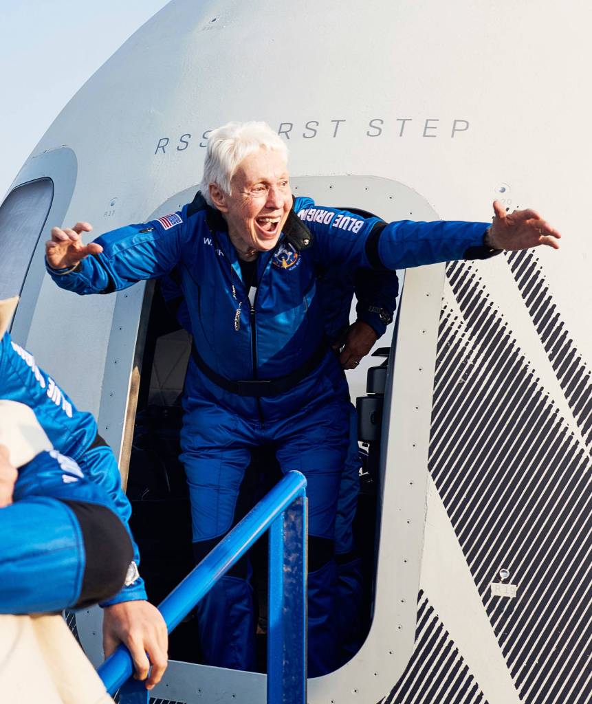 Wally Funk exits New Shepard after her flight into space July 20. COURTESY PHOTO, Blue Origin
