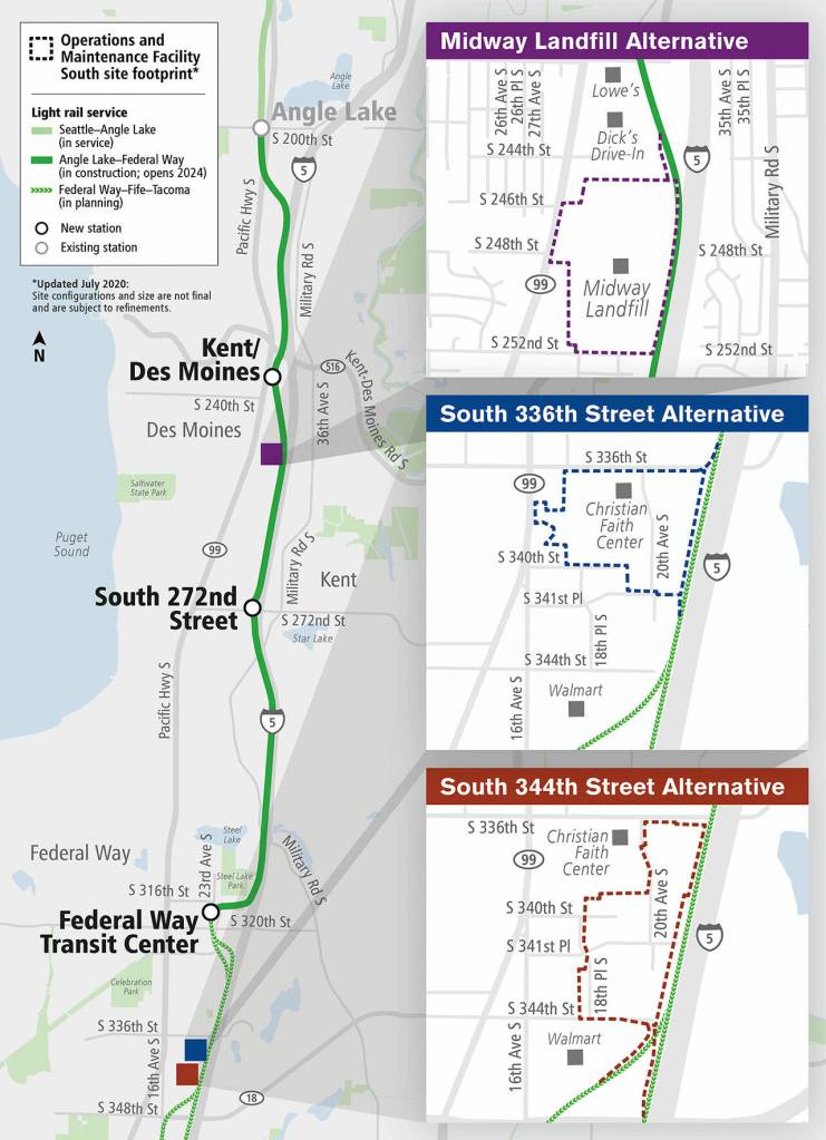 A Sound Transit Board committee picked South 336th Street as the preferred site for a new light rail Operations and Maintenance Facility South to open in 2029. COURTESY GRAPHIC, Sound Transit