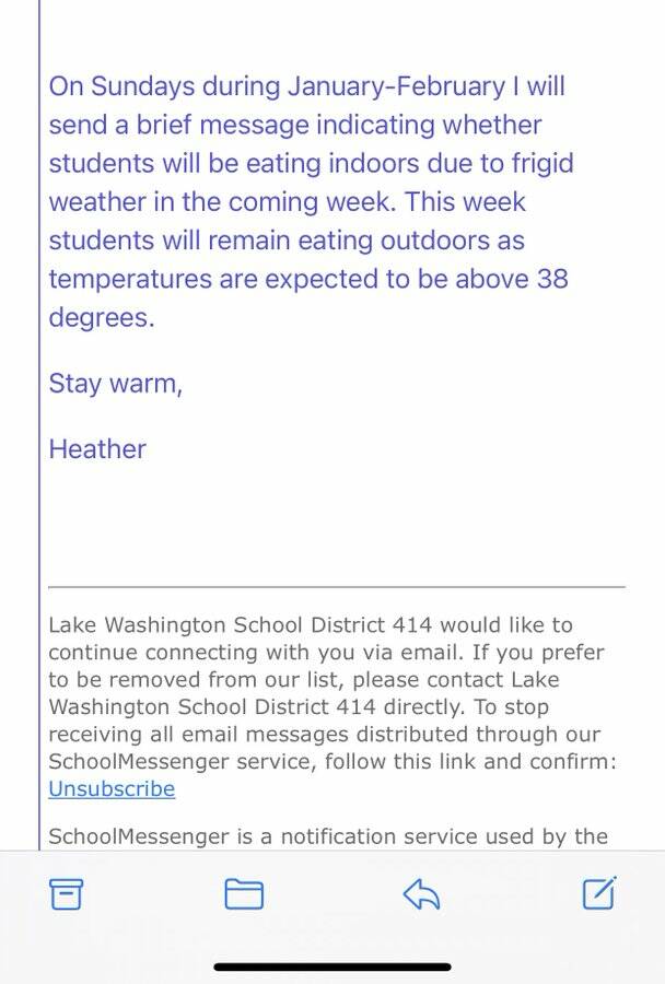 Screenshot of an email sent to Lakeview Elementary School parents from Principal Heather Frazier. It reads: On Sundays during January-February I will send a brief message indicating whether students will be eating indoors due to frigid weather in the coming week. This week students will remain eating outdoors as temperatures are expected to be above 38 degrees. Stay warm, Heather. (Courtesy of @thepredictament/Twitter)