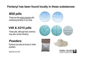 In King County, fentanyl is most commonly seen in blue, greenish, or pale colored counterfeit pills. Photo courtesy of King County.