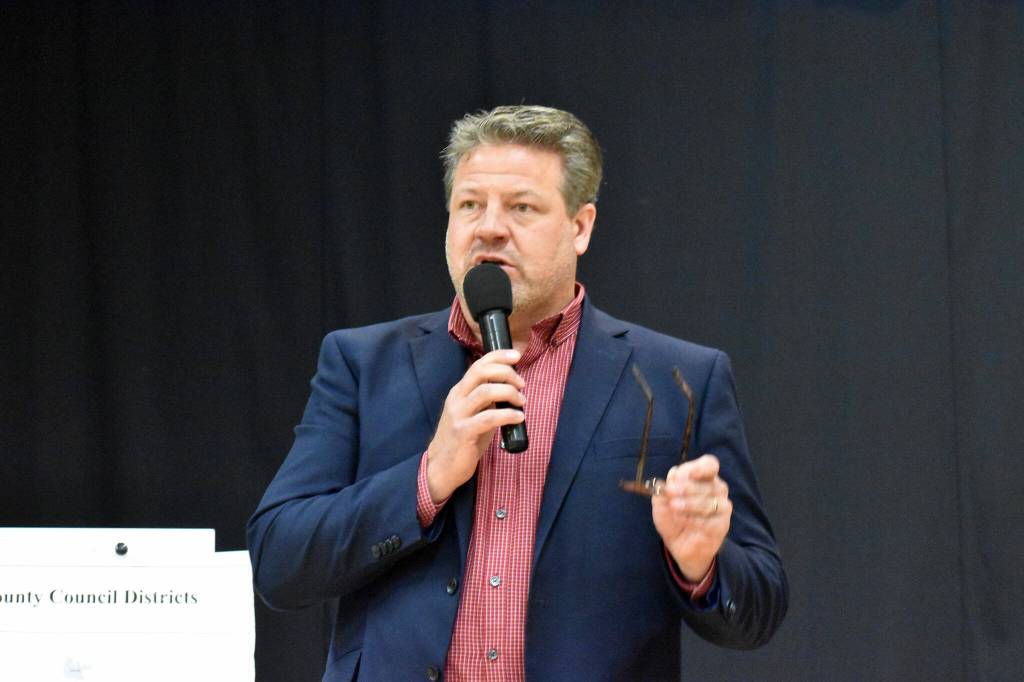 King County Councilmember Reagan Dunn speaks during an October 2021 candidate forum in Enumclaw. Dunn is now running for U.S. Congress in the 8th District, a seat currently held by Democrat Kim Schrier. Photo by Alex Bruell/Sound Publishing
