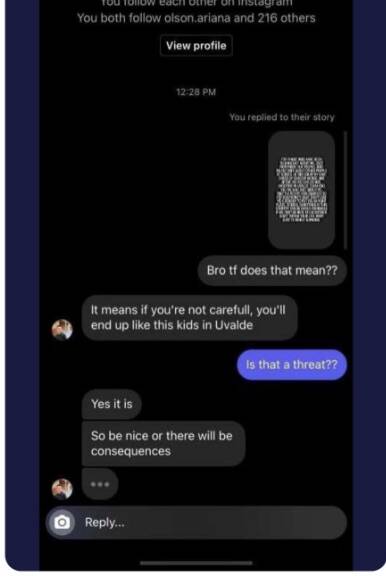 Screenshot of alleged Instagram direct message conversation between the suspect and a peer (Screenshot from Tweet made by @garywalton73)