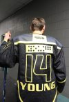 Adam Youngs hockey jersey spells out his name in braille. Photo by Bailey Jo Josie/Sound Publishing
