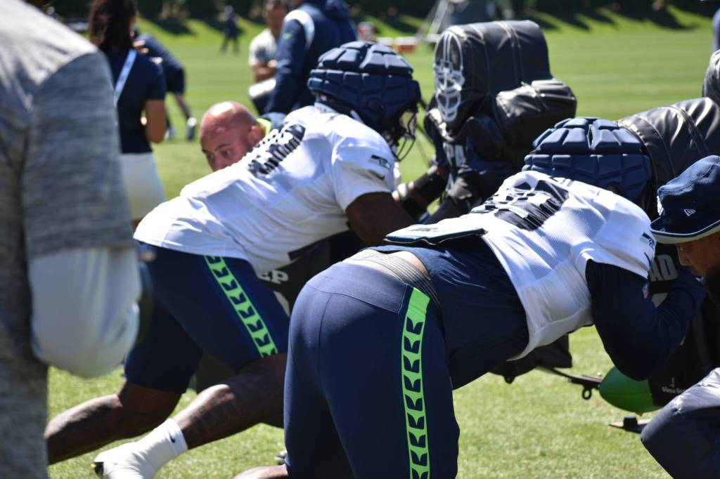 Defensive linemen putting in work on the sled Aug. 1. (Photos by Ben Ray/Sound Publishing)