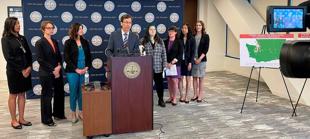 State Attorney General Bob Ferguson at a press conference Aug. 16 about a lawsuit his office filed against OReilly Auto Parts for alleged discrimination and retaliation against pregnant employees. The company denies the accusations. COURTESY PHOTO, State Attorney Generals Office