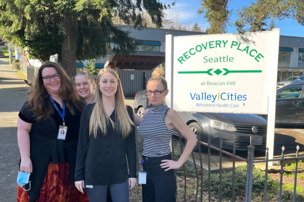 From left to right: Valley Cities, Recovery Places Director of Nursing, Admissions Coordinator, Director of Recovery Place Seattle - Vicki Brinigar SUDP, LMHC, and their Admissions Manager.