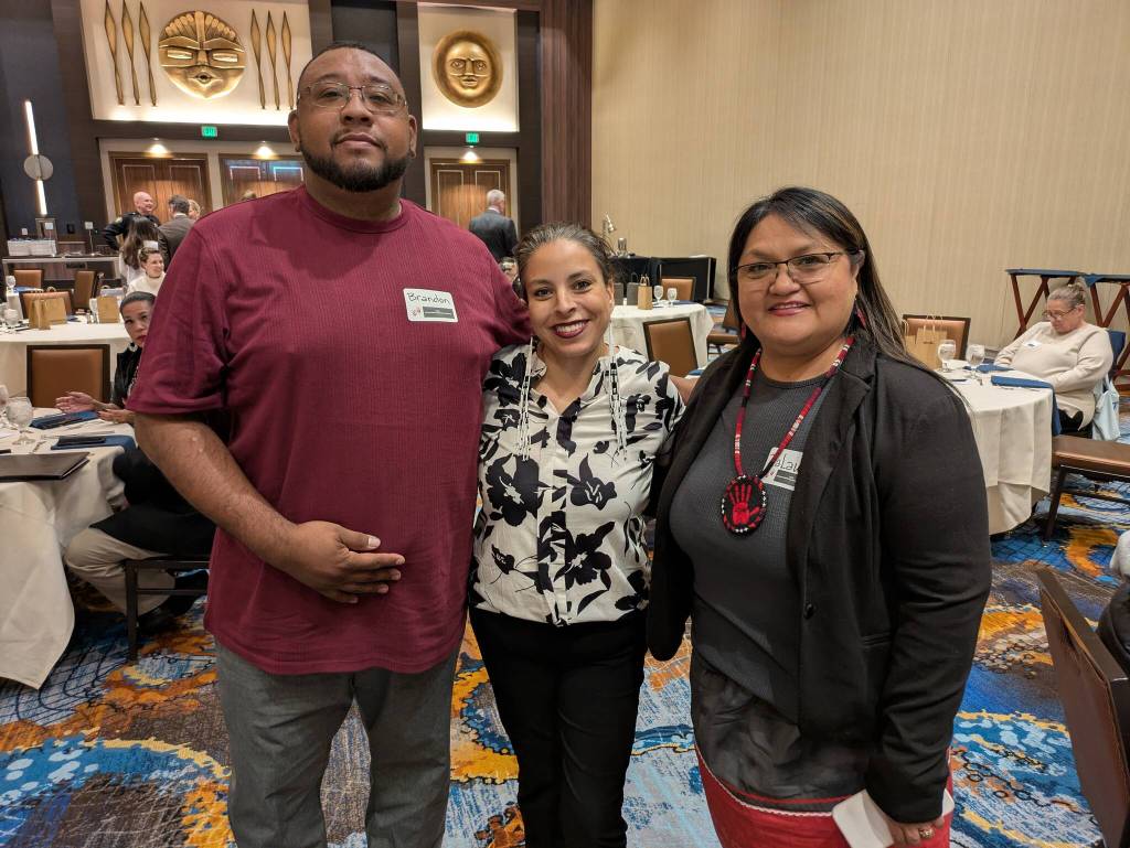 Minnesota Coordinator Ana Negrete (center) with Brandon Nahsonhoya and Arizona Coordinator Valaura Imus-Nahsonhoya at the 2nd Annual MMIP coordinator gathering hosted by the Muckleshoot Tribe on Nov. 5. Imus-Nahsonhoya started the first gathering last year and Negrete will host next years gathering. Photo by Bailey Jo Josie/Sound Publishing