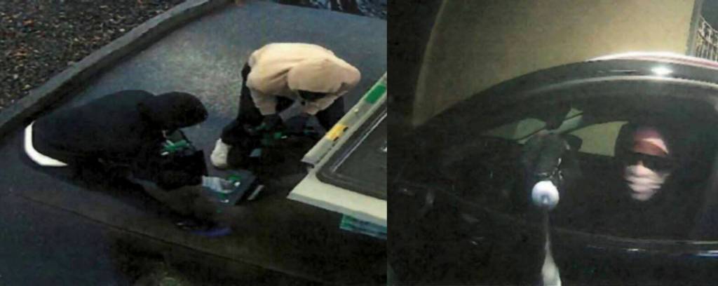 Left to right: The suspects pulling out cash cassettes and a suspect tampering with an ATM. Courtesy photos.